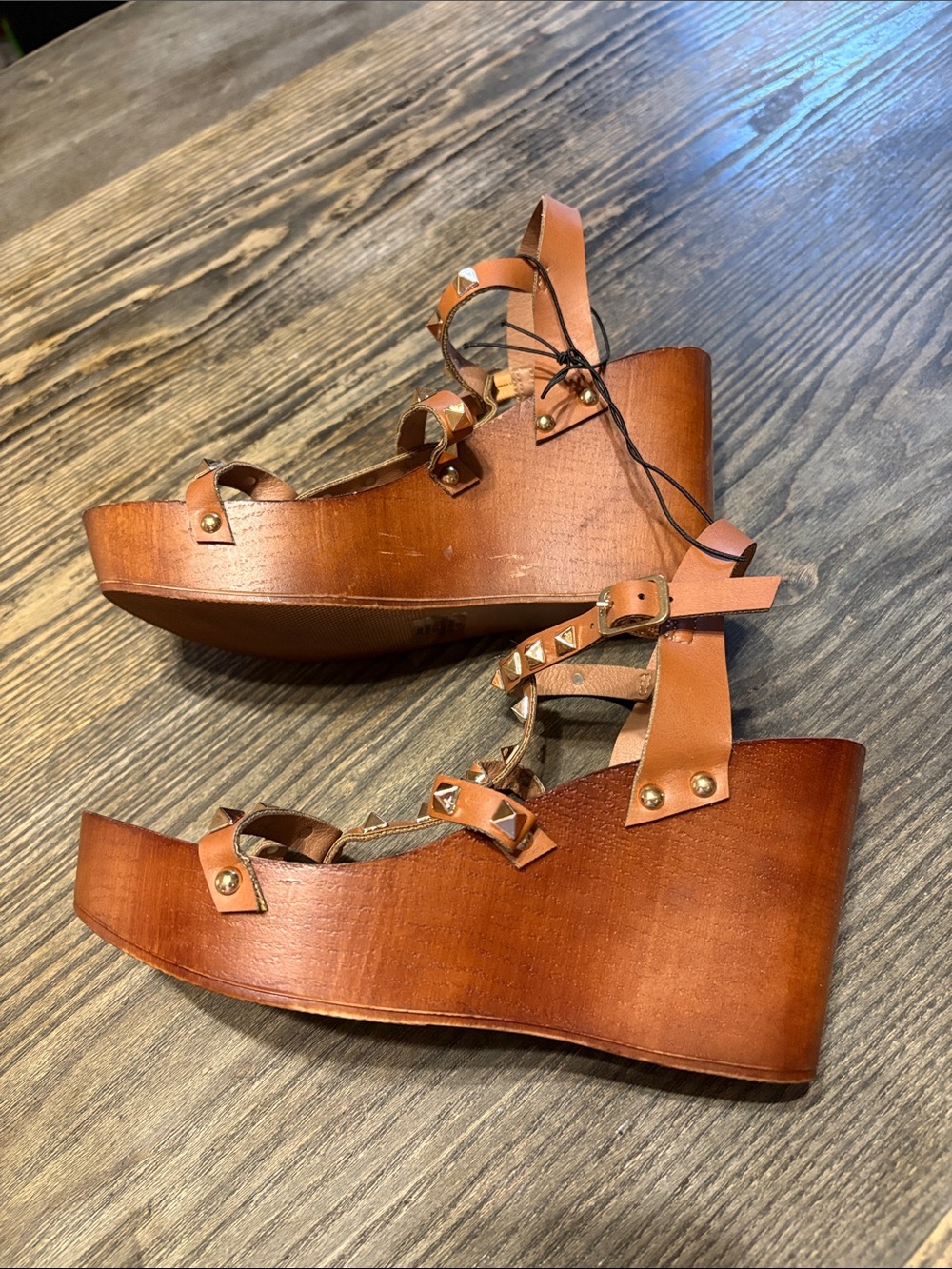 Madden Girl Tan Pyramid-Stud Strappy wedges